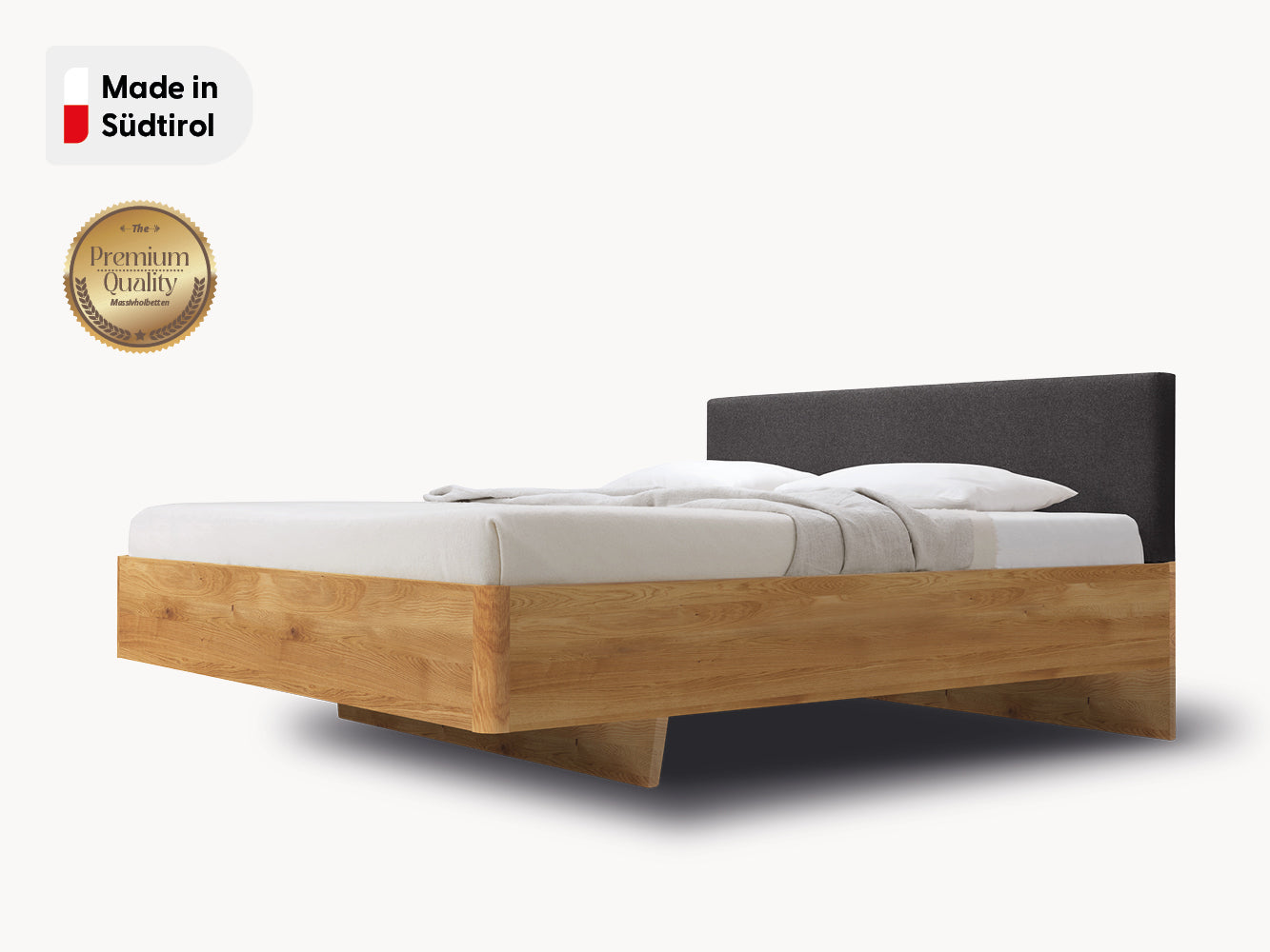Massivholz-Bett HILJA, Kopfteil in Lodenstoff Ash