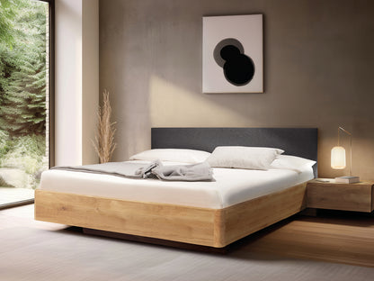 Massivholz-Bett HILJA, Kopfteil in Lodenstoff Ash