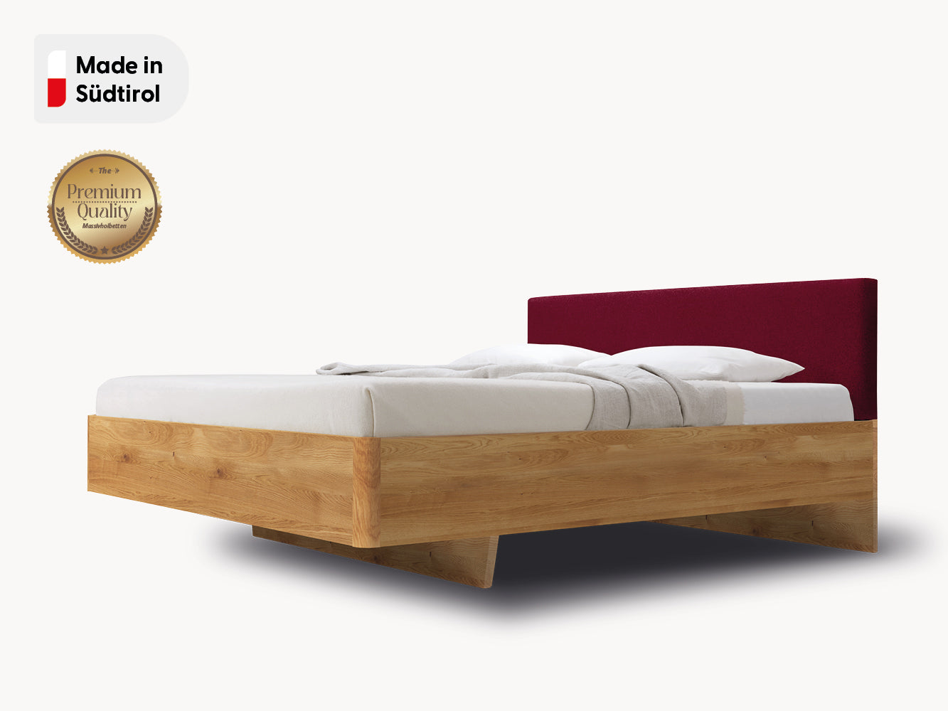 Massivholz-Bett HILJA, Kopfteil in Lodenstoff Burgundy