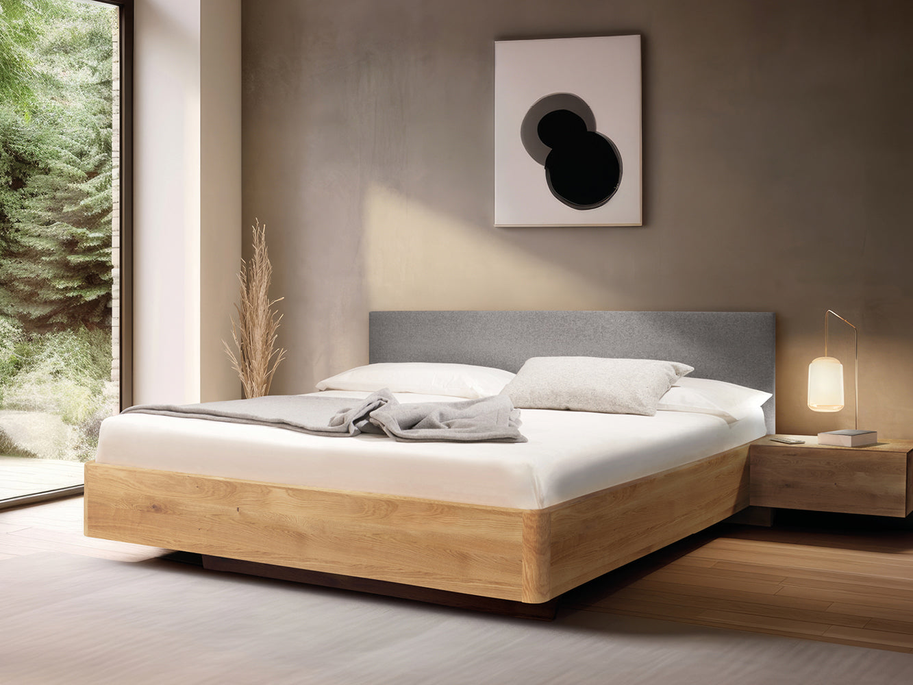 Massivholz-Bett HILJA, Kopfteil Lodenstoff Fossil