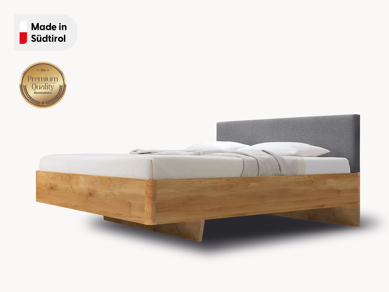 Massivholz-Bett HILJA, Kopfteil in Lodenstoff Smoke