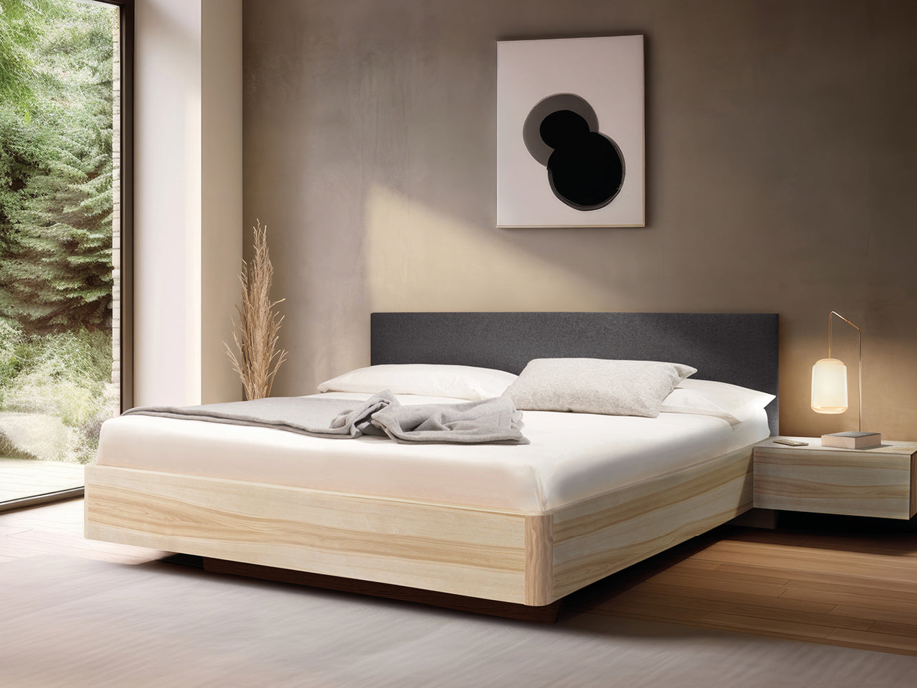 Massivholz-Bett HILJA, Kopfteil in Lodenstoff Ash