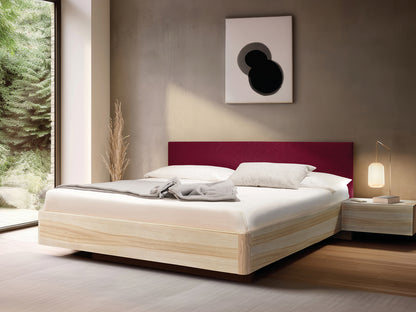 Massivholz-Bett HILJA, Kopfteil in Lodenstoff Burgundy