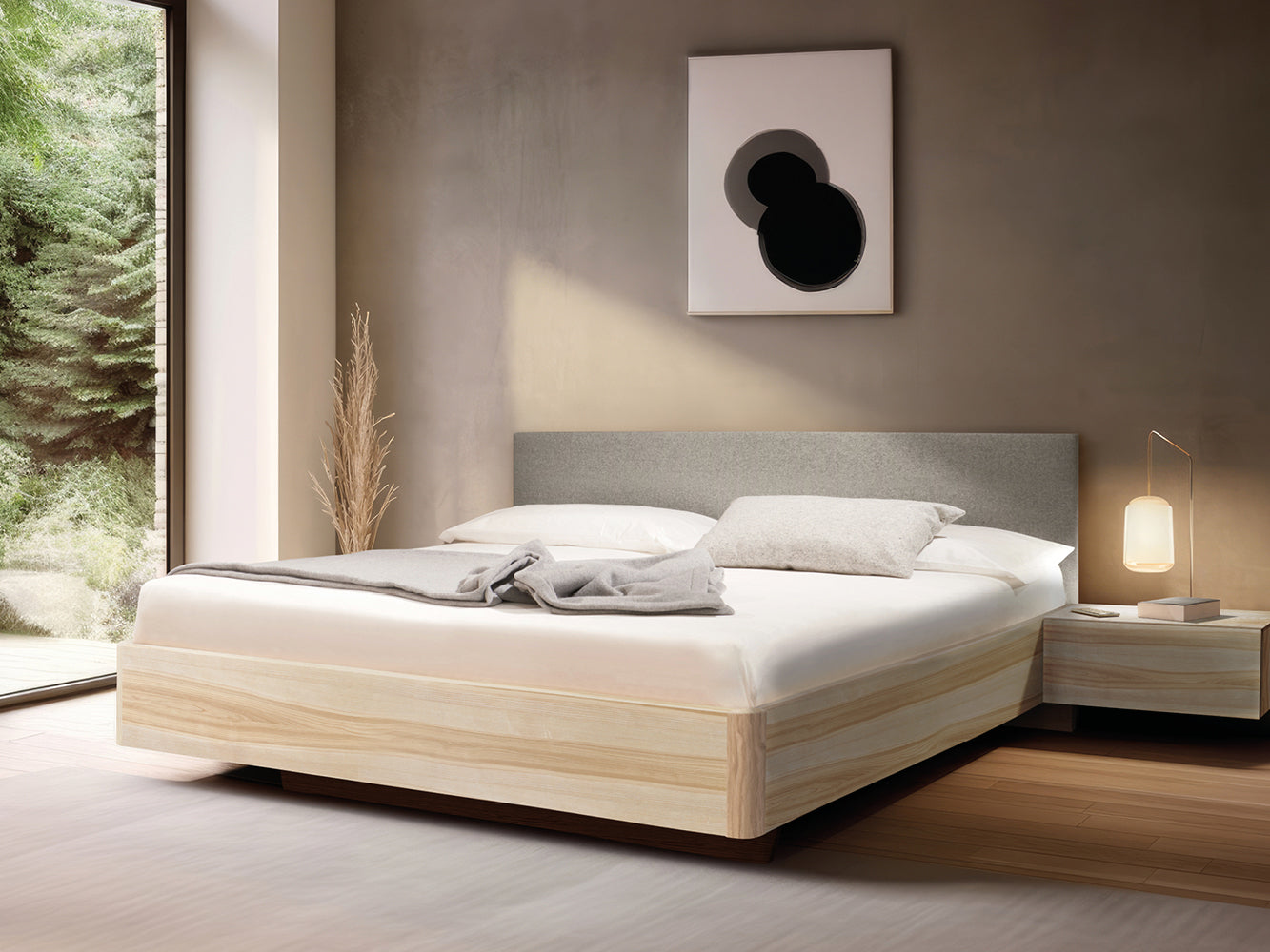 Massivholz-Bett HILJA, Kopfteil in Lodenstoff Natur