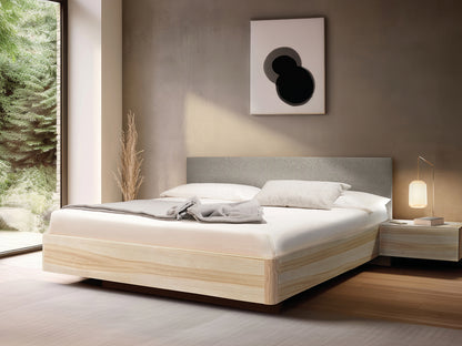 Massivholz-Bett HILJA, Kopfteil in Lodenstoff Natur