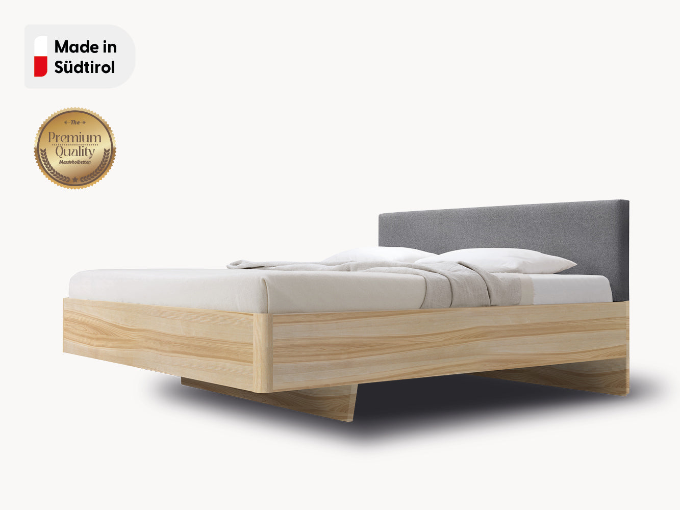 Massivholz-Bett HILJA, Kopfteil in Lodenstoff Smoke