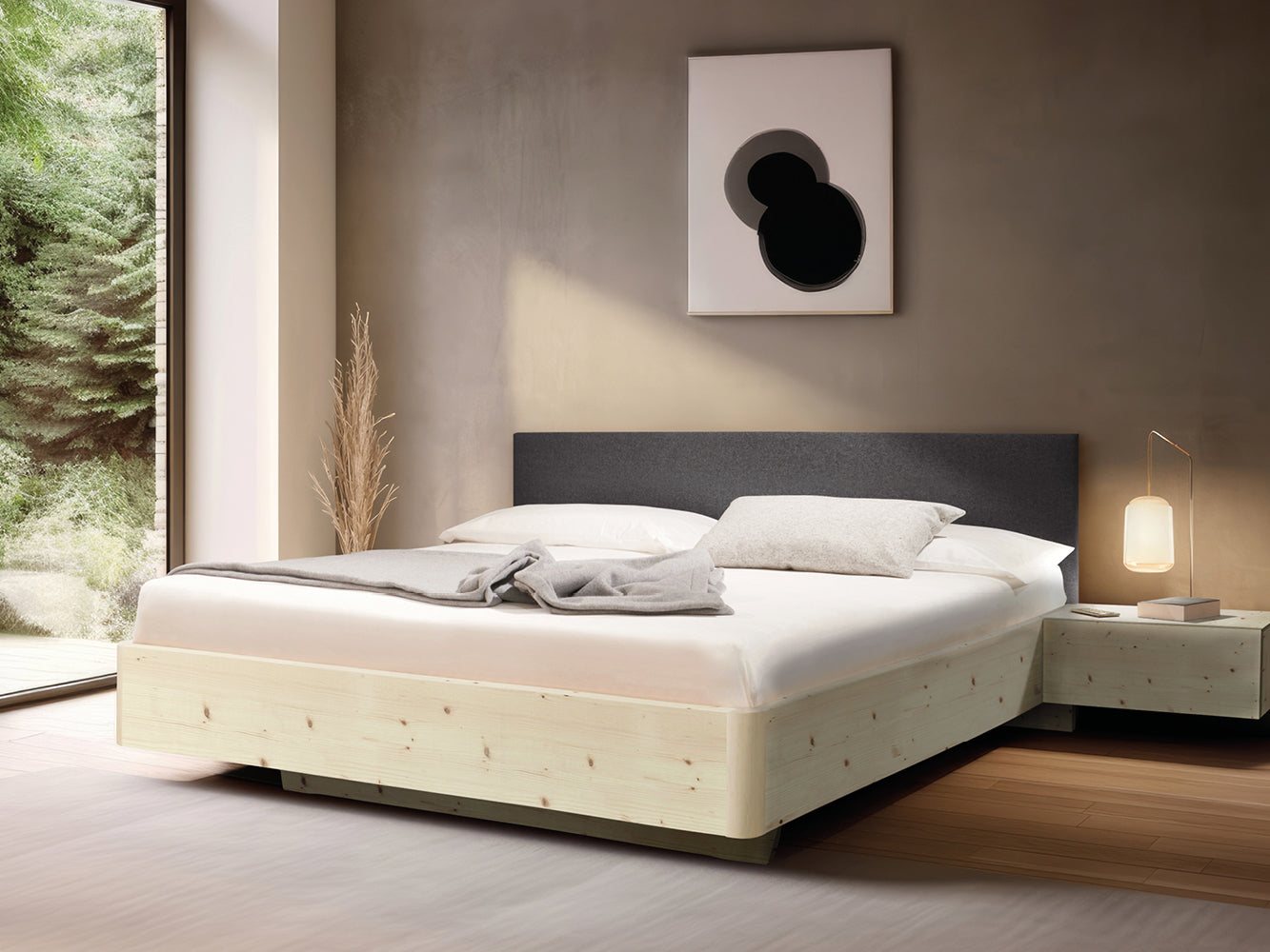 Massivholz-Bett HILJA, Kopfteil in Lodenstoff Ash
