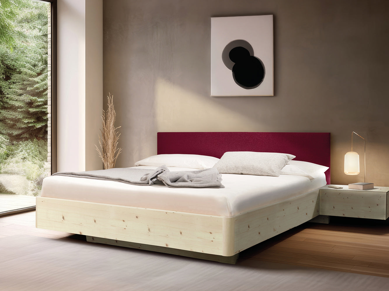Massivholz-Bett HILJA, Kopfteil in Lodenstoff Burgundy