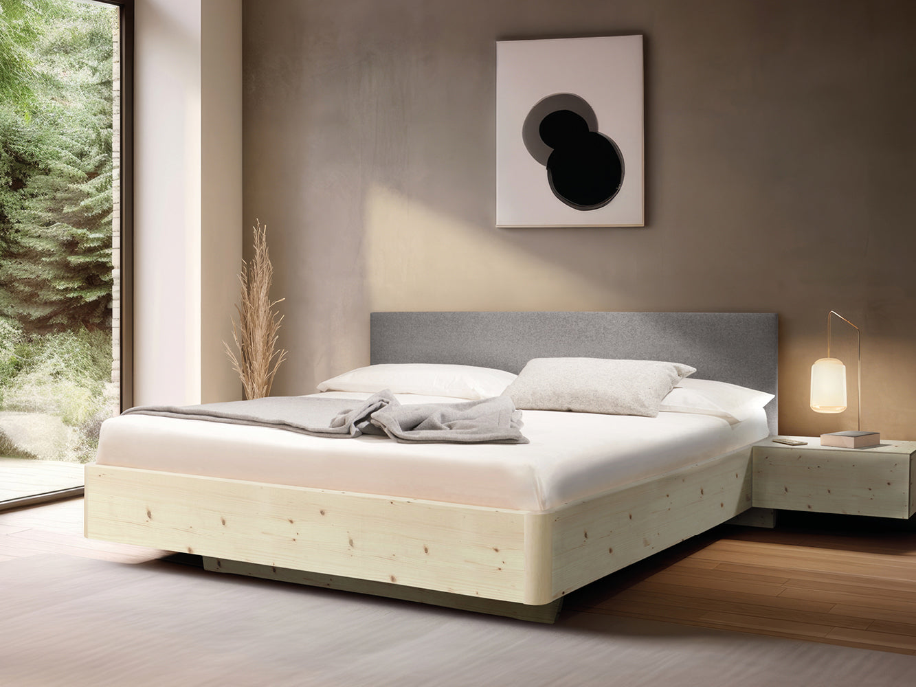 Massivholz-Bett HILJA, Kopfteil Lodenstoff Fossil