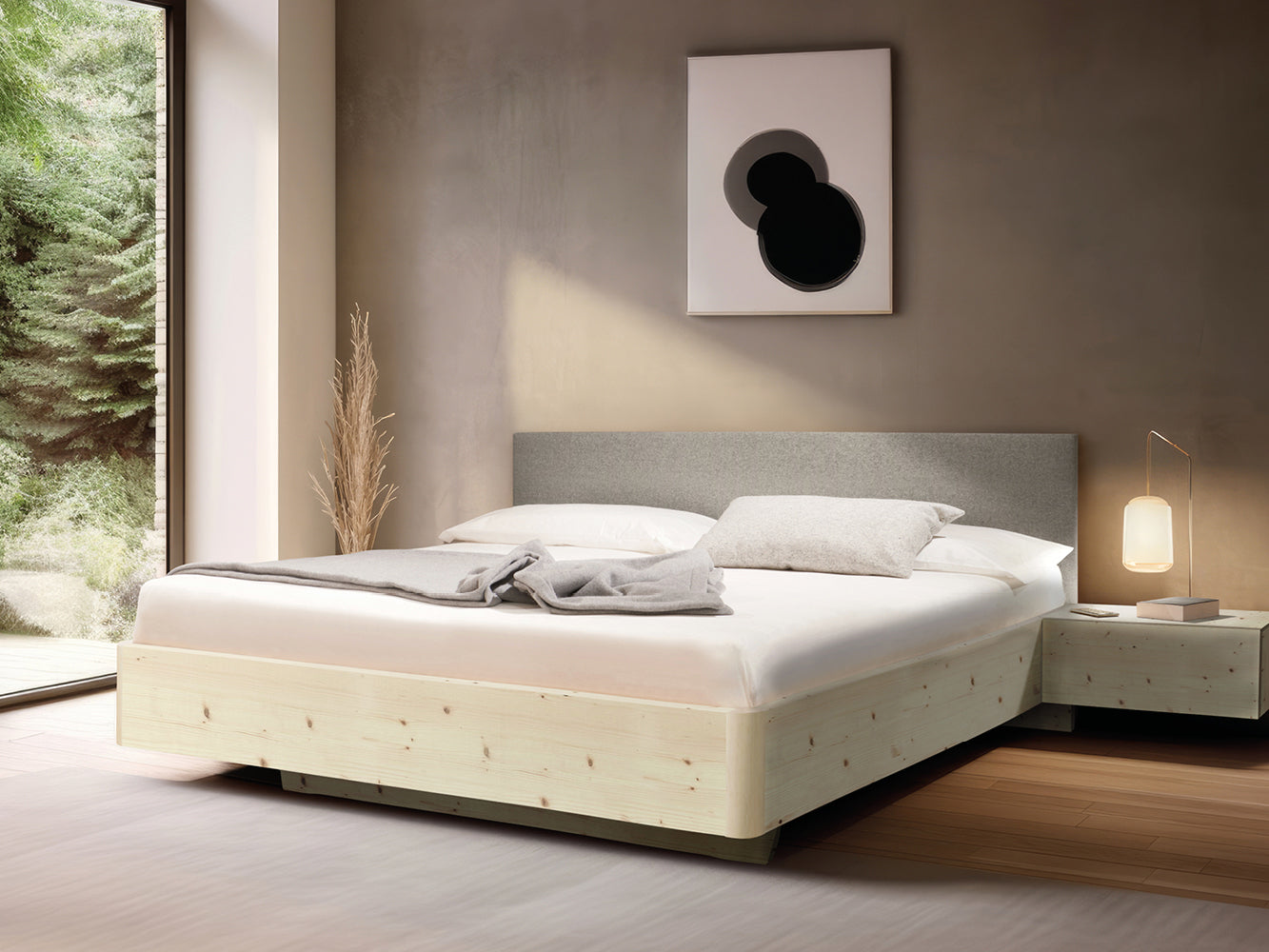 Massivholz-Bett HILJA, Kopfteil in Lodenstoff Natur