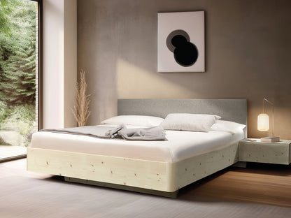 Massivholz-Bett HILJA, Kopfteil in Lodenstoff Natur