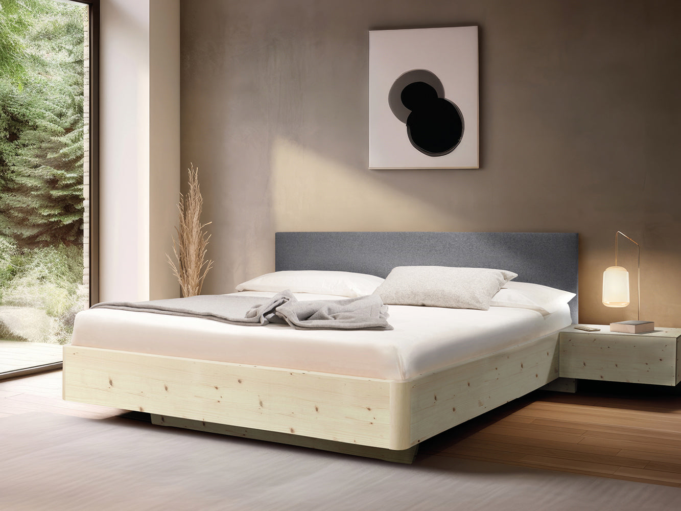 Massivholz-Bett HILJA, Kopfteil in Lodenstoff Smoke