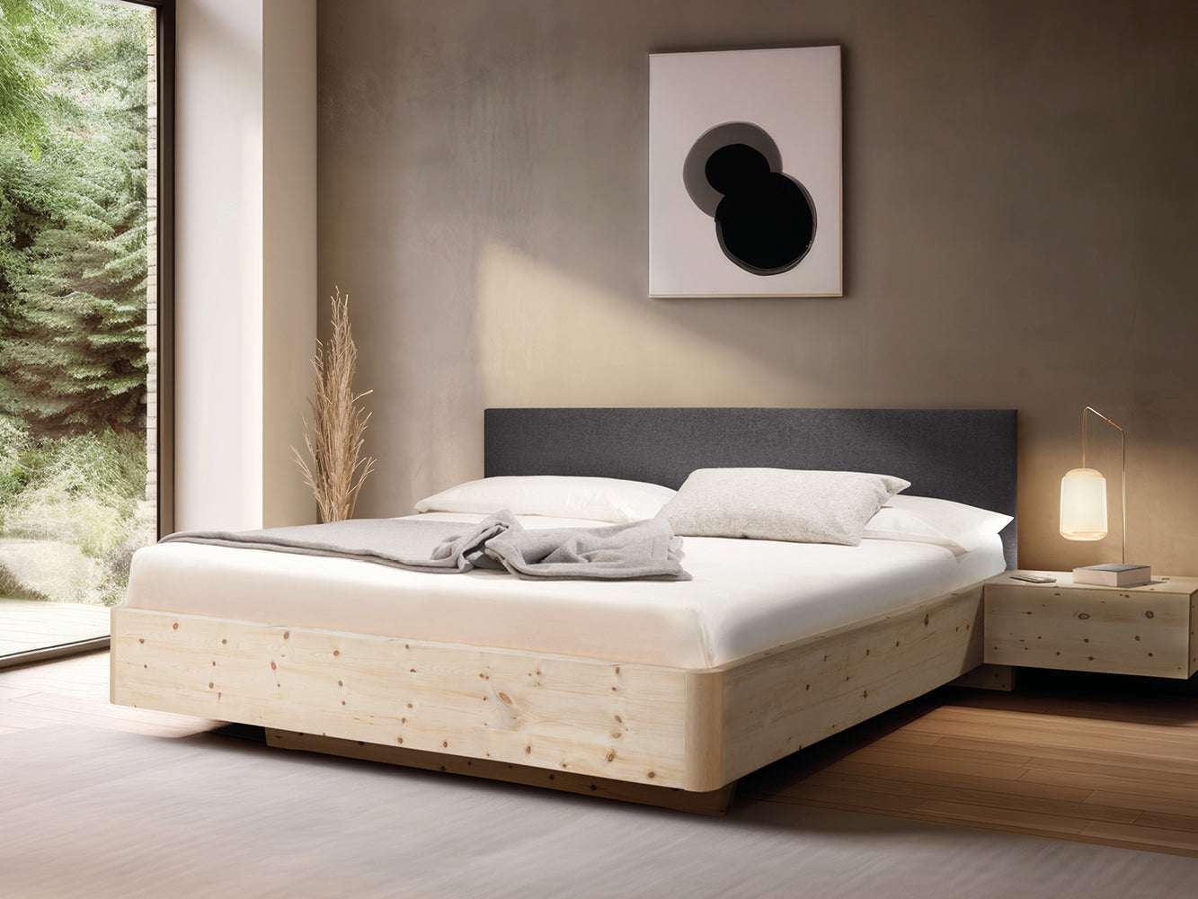 Massivholz-Bett HILJA, Kopfteil in Lodenstoff Ash