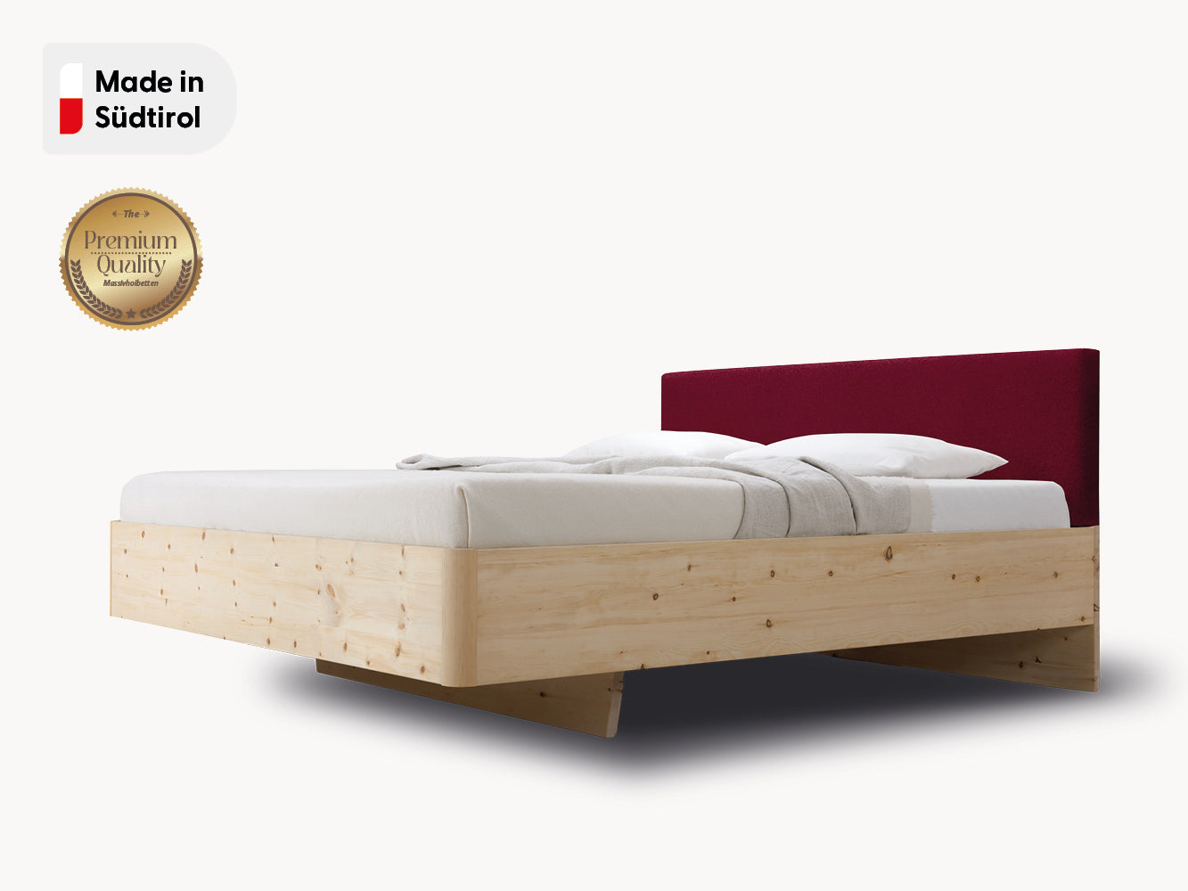 Massivholz-Bett HILJA, Kopfteil in Lodenstoff Burgundy
