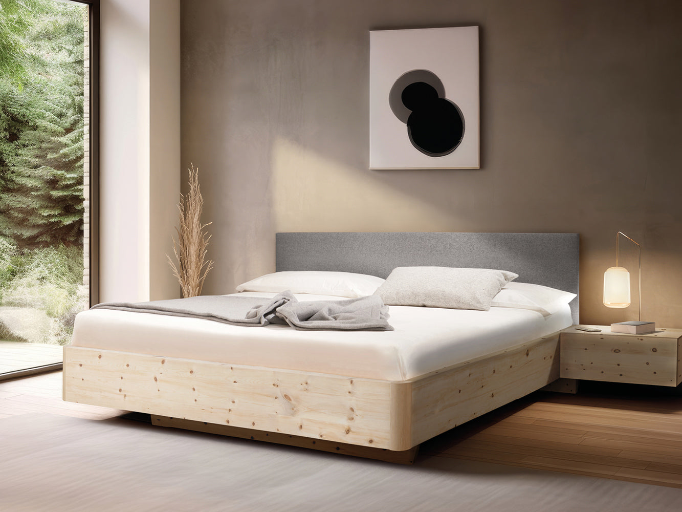 Massivholz-Bett HILJA, Kopfteil Lodenstoff Fossil