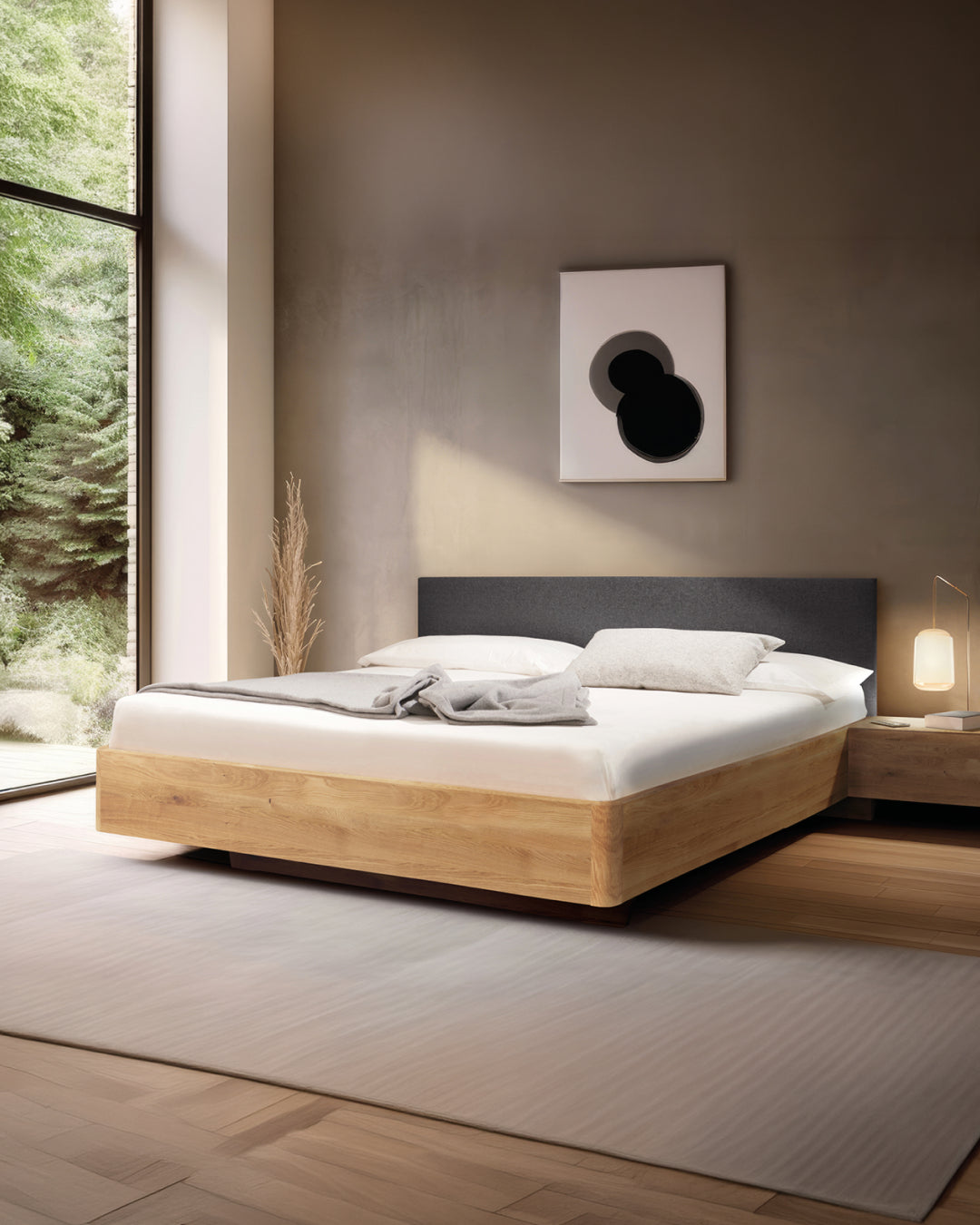 Massivholz-Bett HILJA, gepolstertes Kopfteil in Lodenstoff