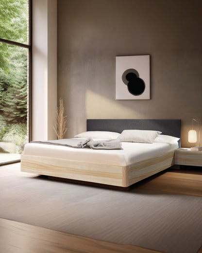 Massivholz-Bett HILJA, gepolstertes Kopfteil in Lodenstoff