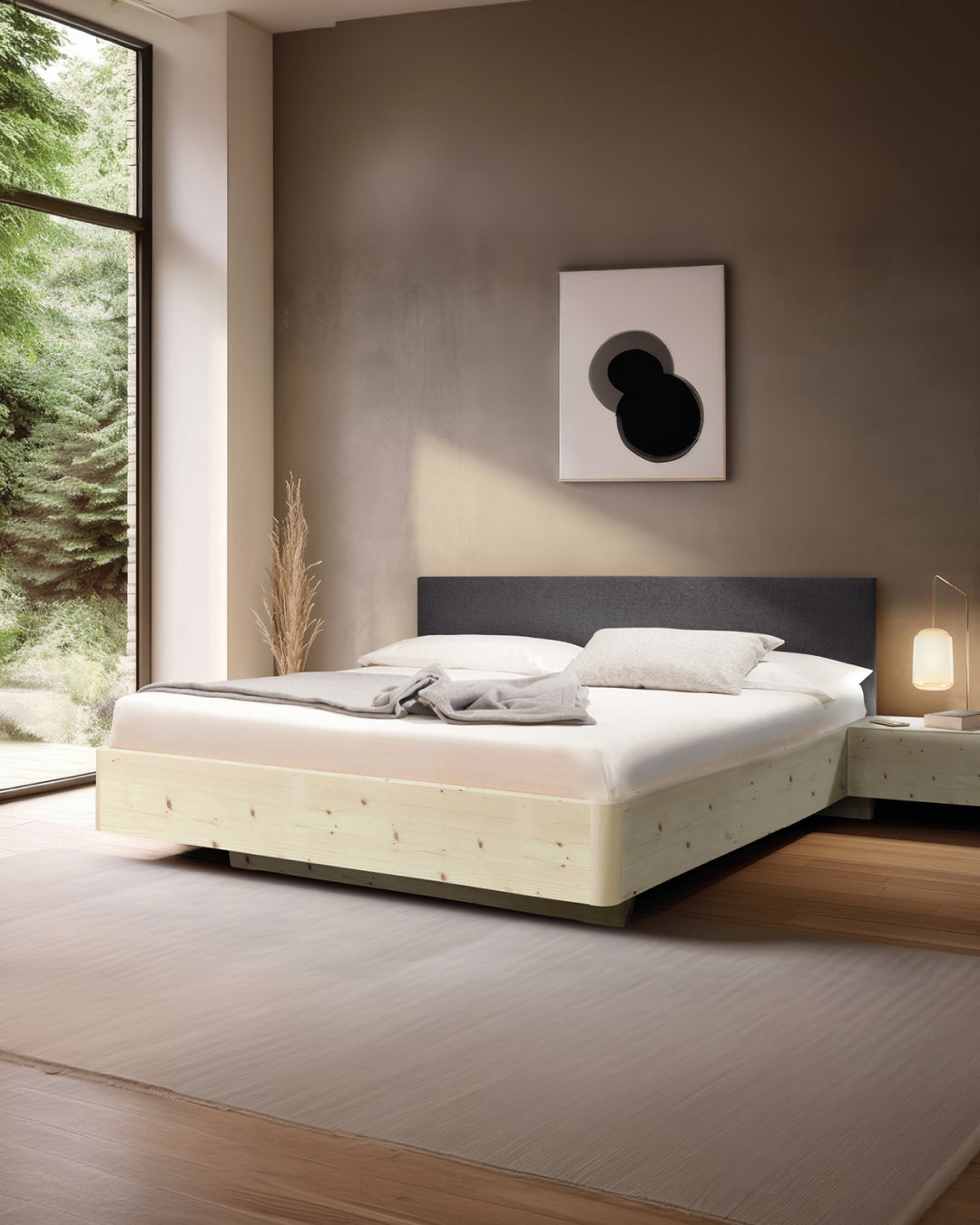 Massivholz-Bett HILJA, gepolstertes Kopfteil in Lodenstoff