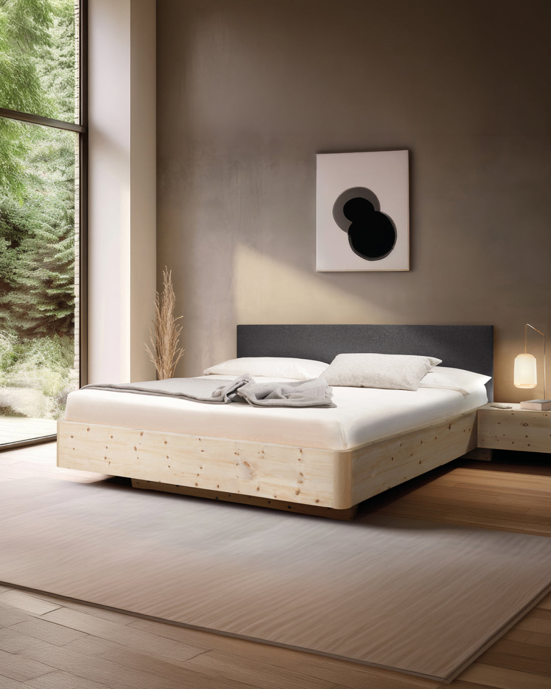 Massivholz-Bett HILJA, gepolstertes Kopfteil in Lodenstoff