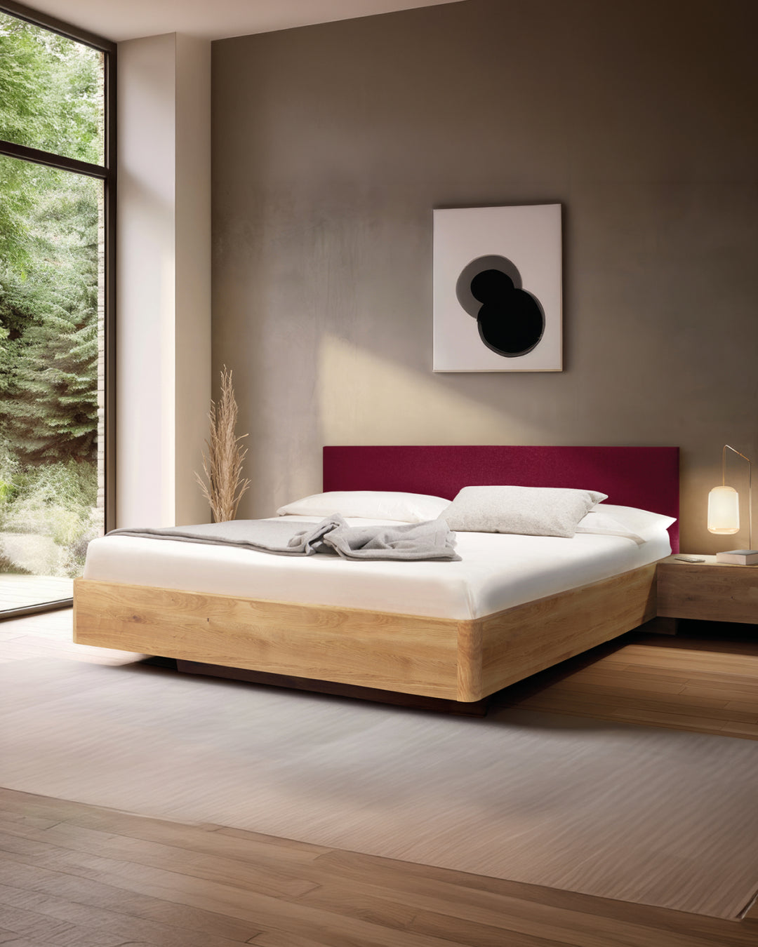 Massivholz-Bett HILJA, gepolstertes Kopfteil in Lodenstoff