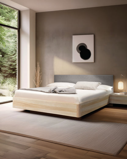 Massivholz-Bett HILJA, gepolstertes Kopfteil in Lodenstoff