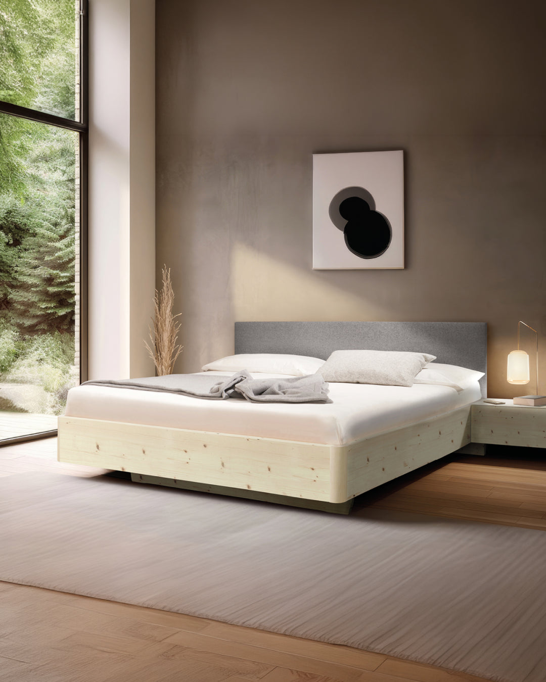 Massivholz-Bett HILJA, gepolstertes Kopfteil in Lodenstoff