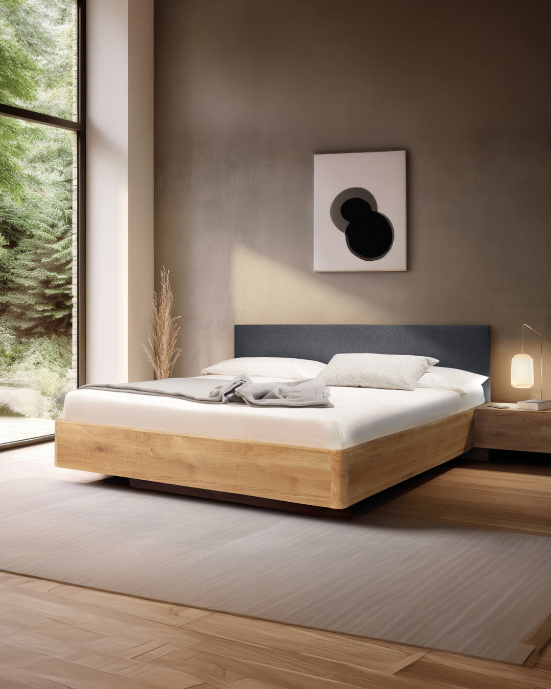 Massivholz-Bett HILJA, gepolstertes Kopfteil in Lodenstoff