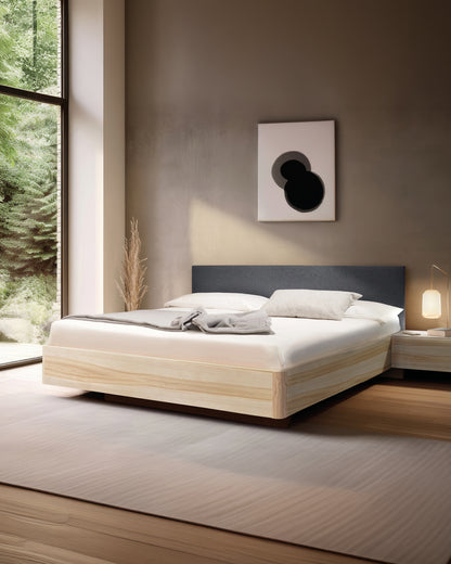 Massivholz-Bett HILJA, gepolstertes Kopfteil in Lodenstoff