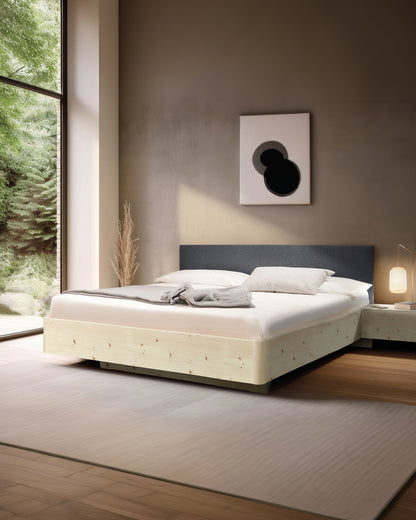 Massivholz-Bett HILJA, gepolstertes Kopfteil in Lodenstoff