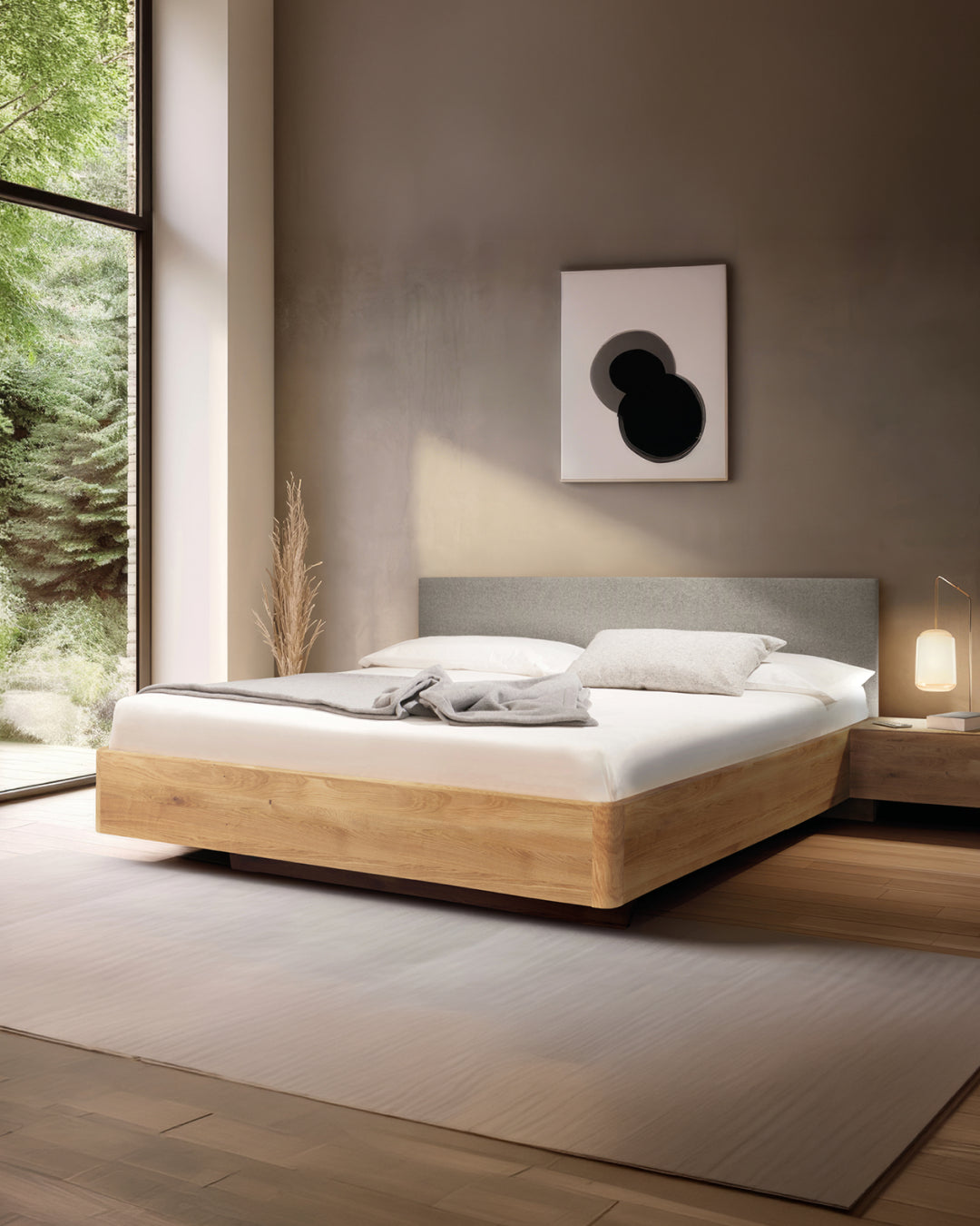 Massivholz-Bett HILJA, gepolstertes Kopfteil in Lodenstoff