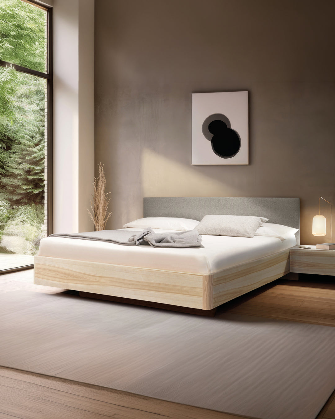 Massivholz-Bett HILJA, gepolstertes Kopfteil in Lodenstoff