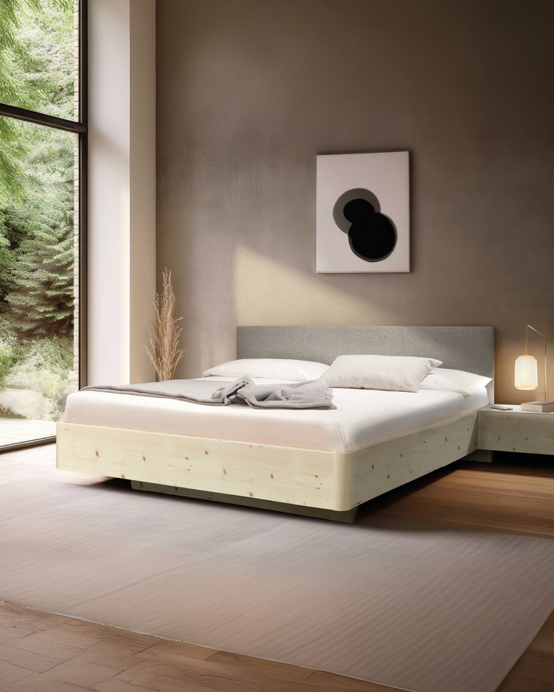 Massivholz-Bett HILJA, gepolstertes Kopfteil in Lodenstoff