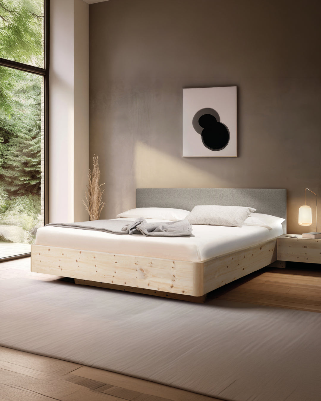 Massivholz-Bett HILJA, gepolstertes Kopfteil in Lodenstoff