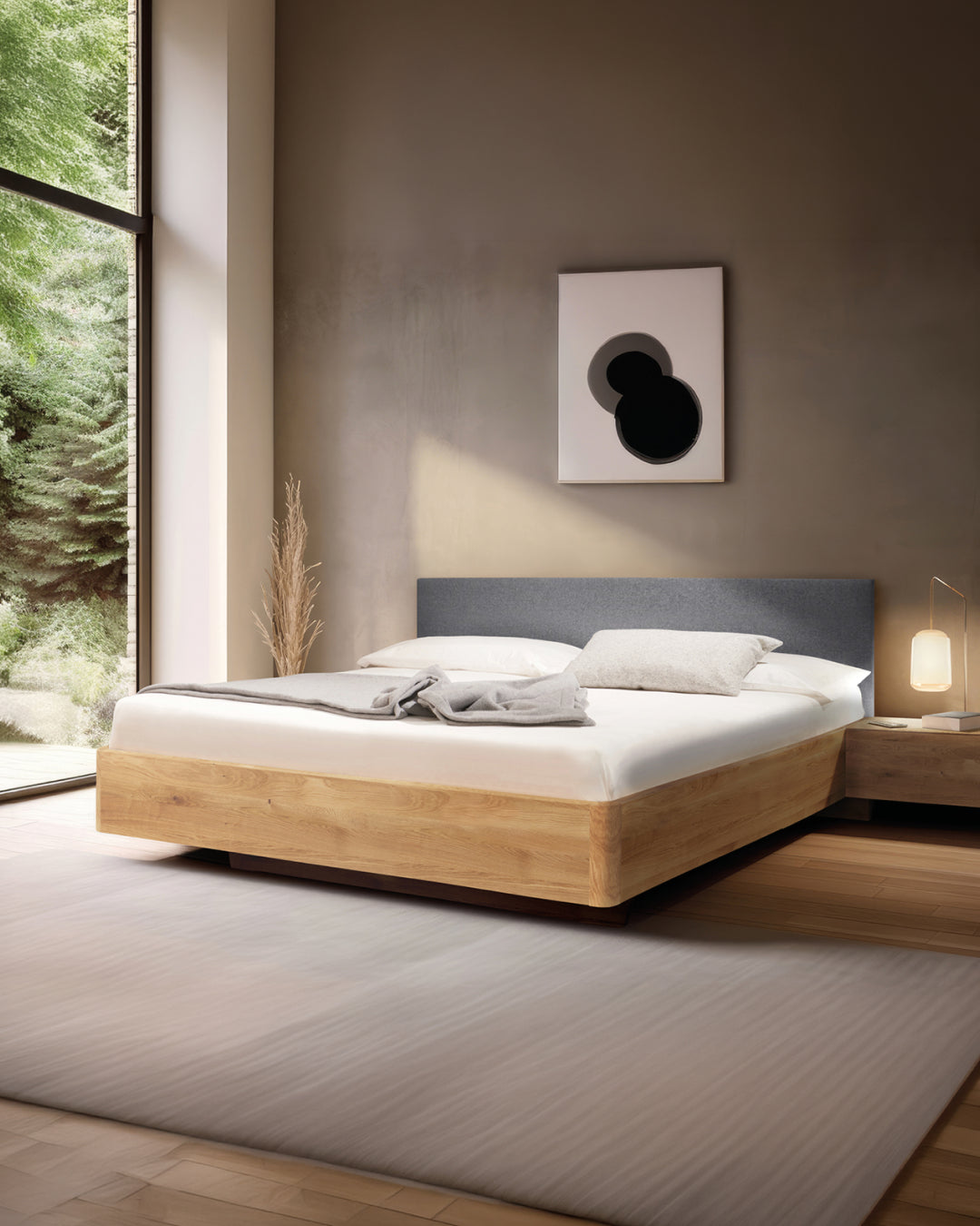 Massivholz-Bett HILJA, gepolstertes Kopfteil in Lodenstoff