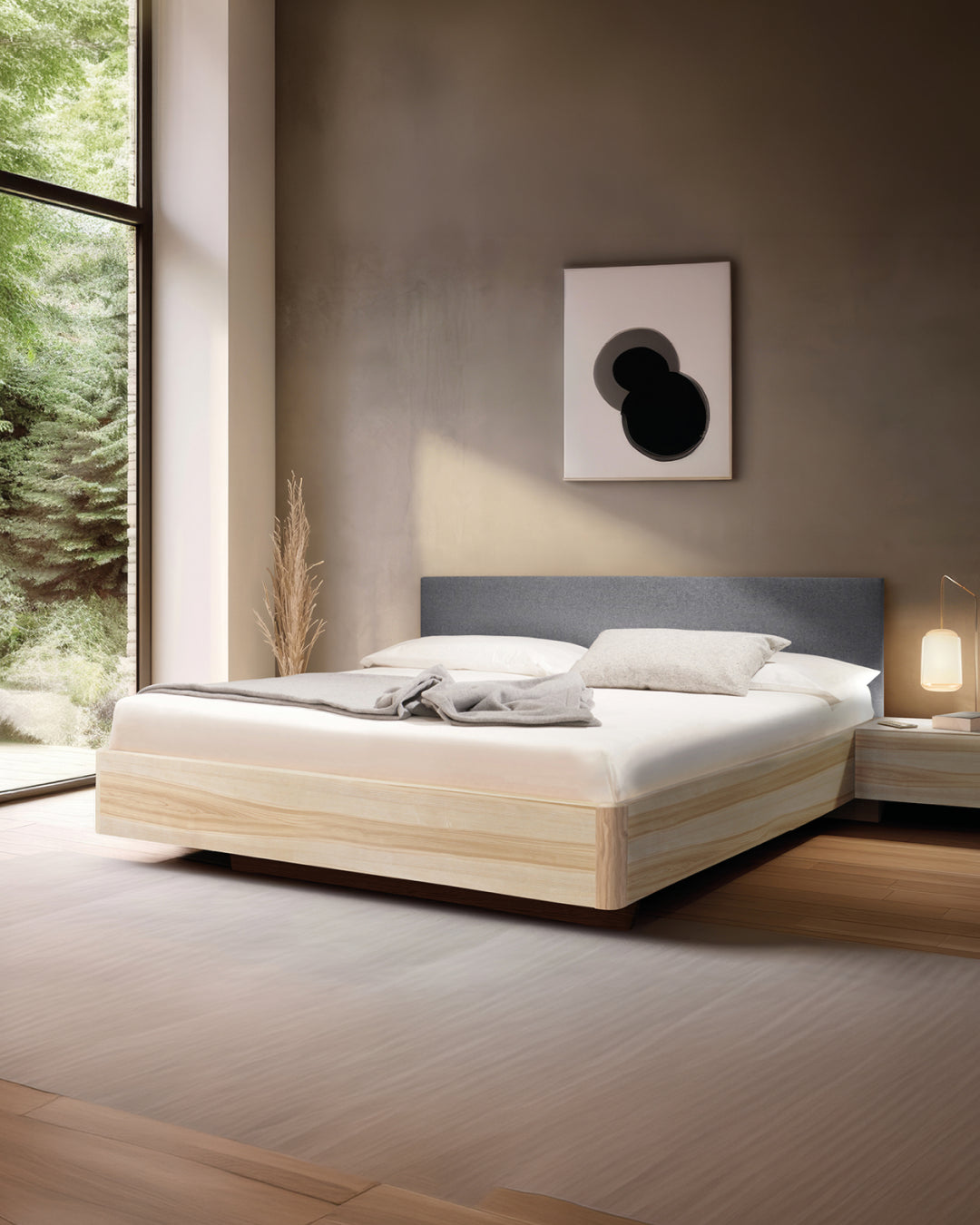 Massivholz-Bett HILJA, gepolstertes Kopfteil in Lodenstoff