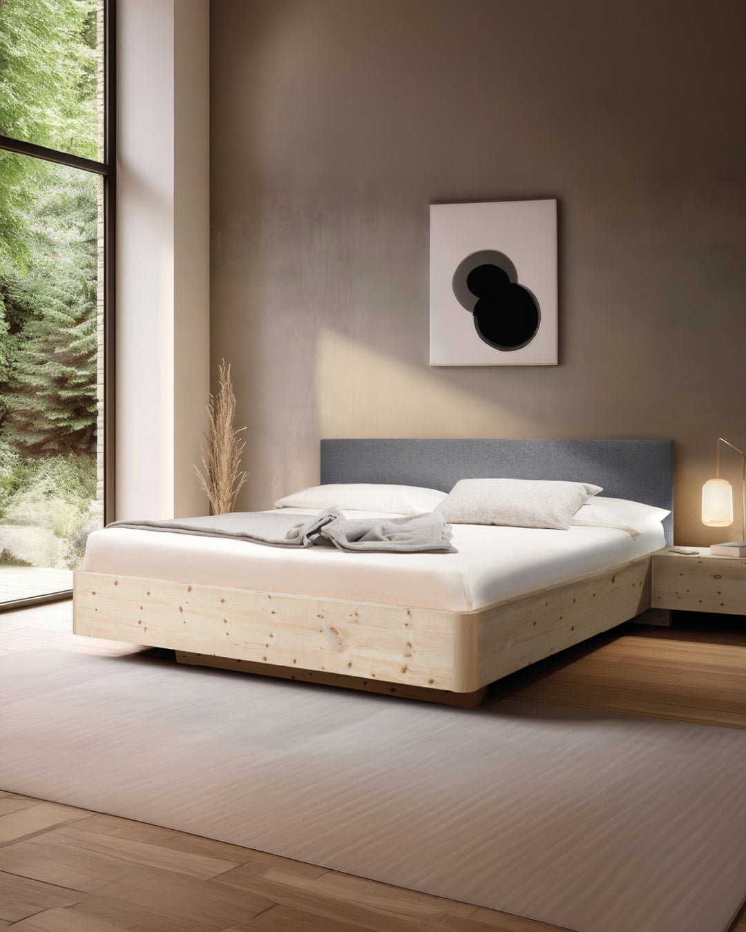 Massivholz-Bett HILJA, gepolstertes Kopfteil in Lodenstoff