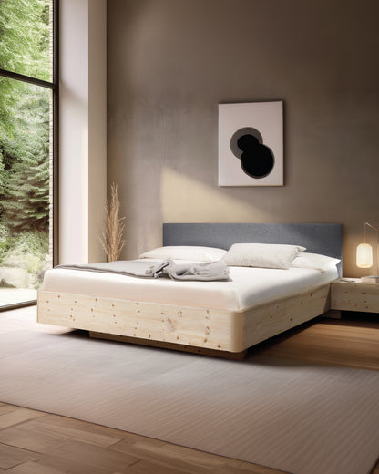 Massivholz-Bett HILJA, gepolstertes Kopfteil in Lodenstoff