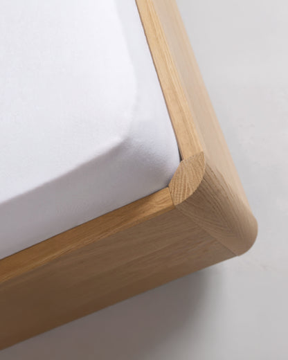 Massivholz-Bett HILJA, gepolstertes Kopfteil in Lodenstoff