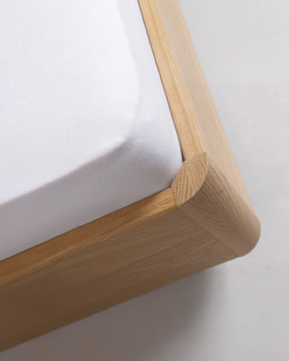 Massivholz-Bett HILJA, gepolstertes Kopfteil in Lodenstoff