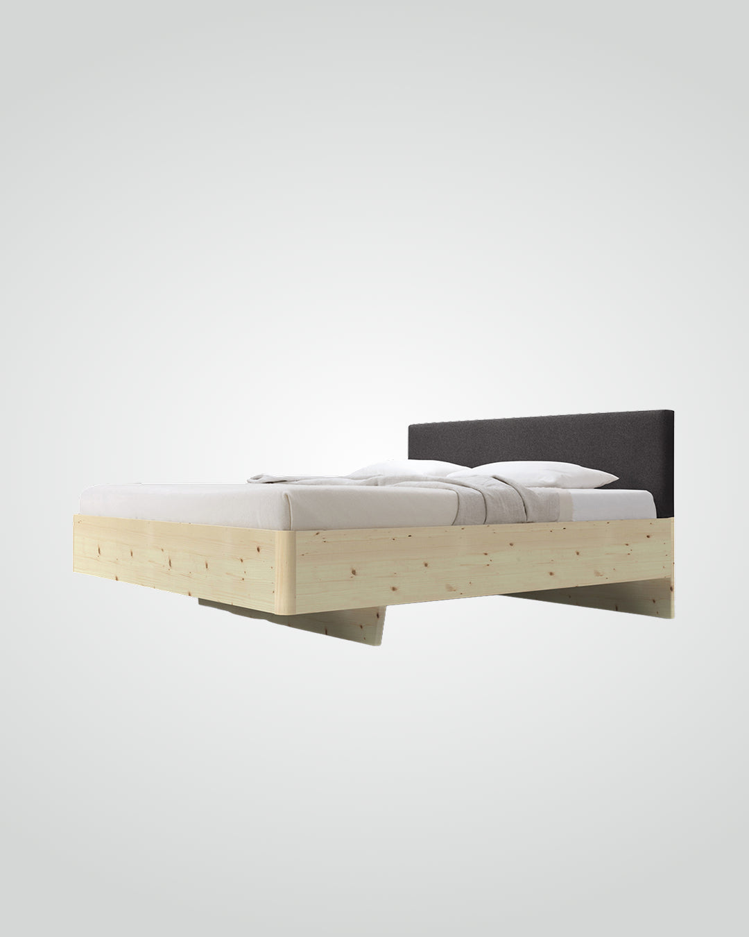 Massivholz-Bett HILJA, gepolstertes Kopfteil in Lodenstoff