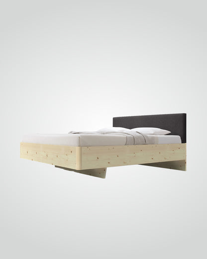 Massivholz-Bett HILJA, gepolstertes Kopfteil in Lodenstoff