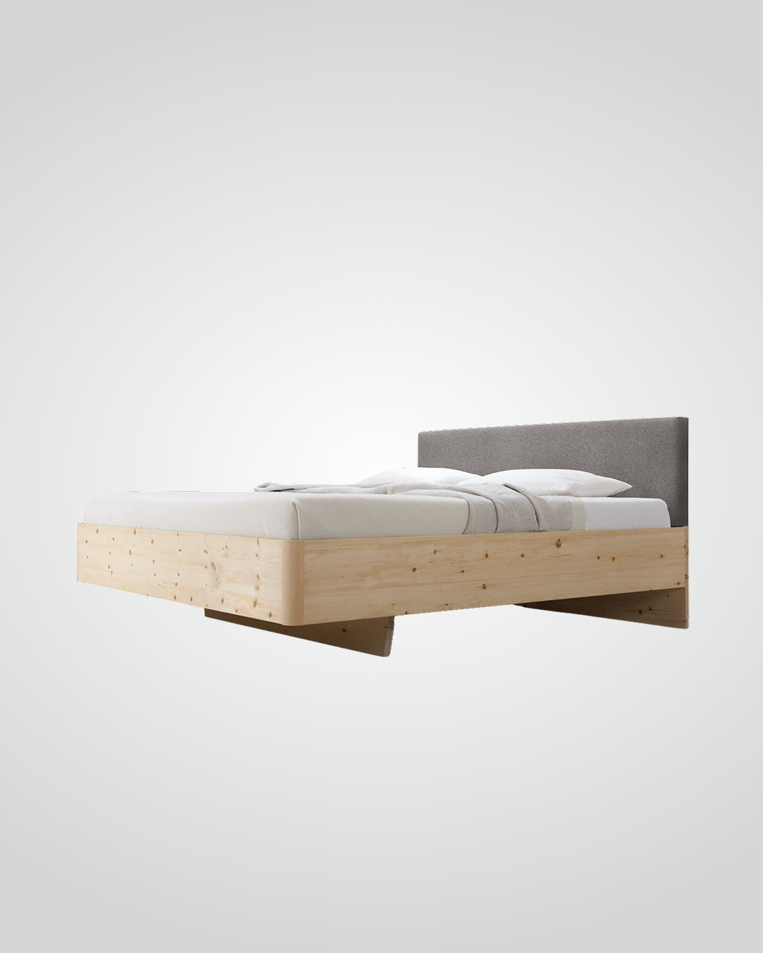 Massivholz-Bett HILJA, gepolstertes Kopfteil in Lodenstoff