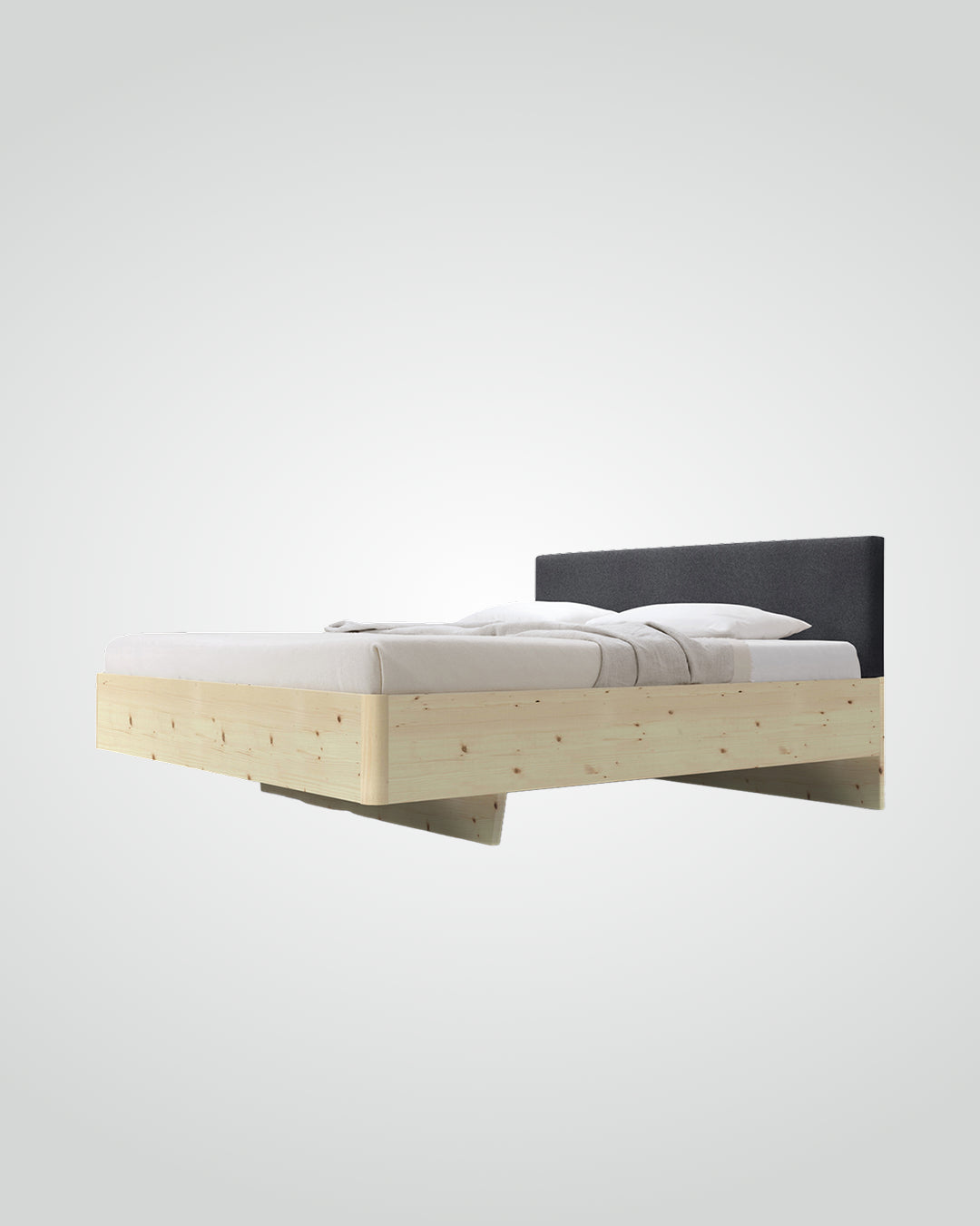 Massivholz-Bett HILJA, gepolstertes Kopfteil in Lodenstoff