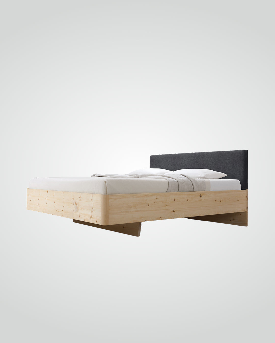 Massivholz-Bett HILJA, gepolstertes Kopfteil in Lodenstoff