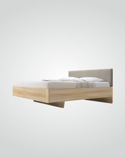 Massivholz-Bett HILJA, gepolstertes Kopfteil in Lodenstoff