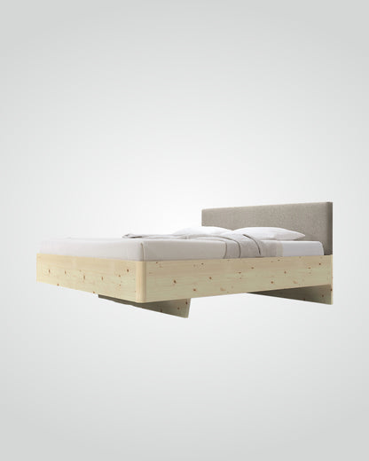Massivholz-Bett HILJA, gepolstertes Kopfteil in Lodenstoff