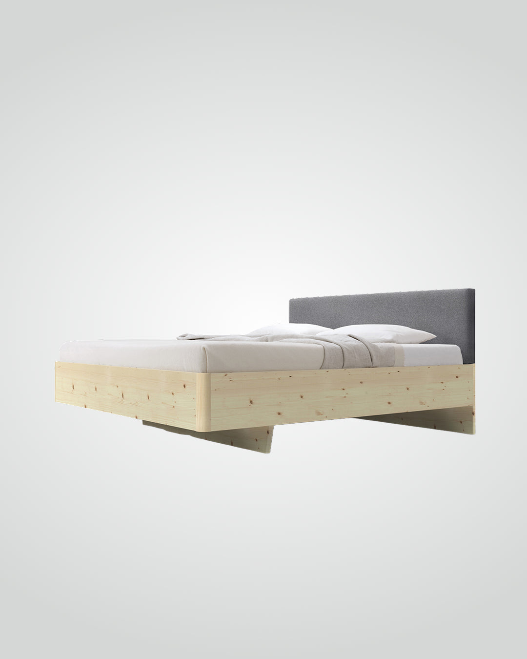 Massivholz-Bett HILJA, gepolstertes Kopfteil in Lodenstoff