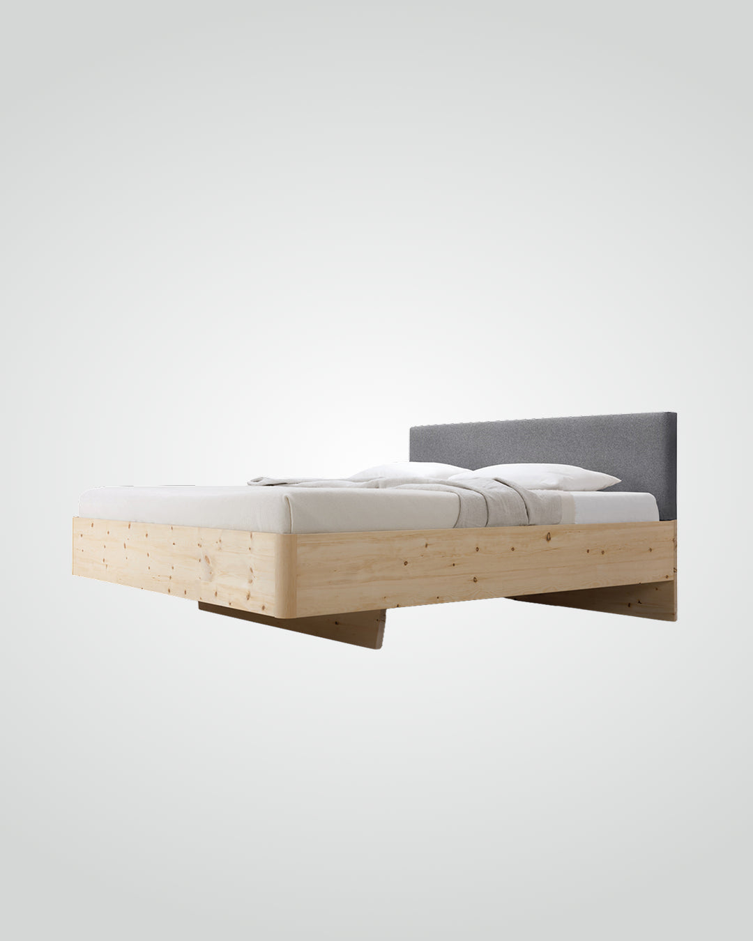 Massivholz-Bett HILJA, gepolstertes Kopfteil in Lodenstoff
